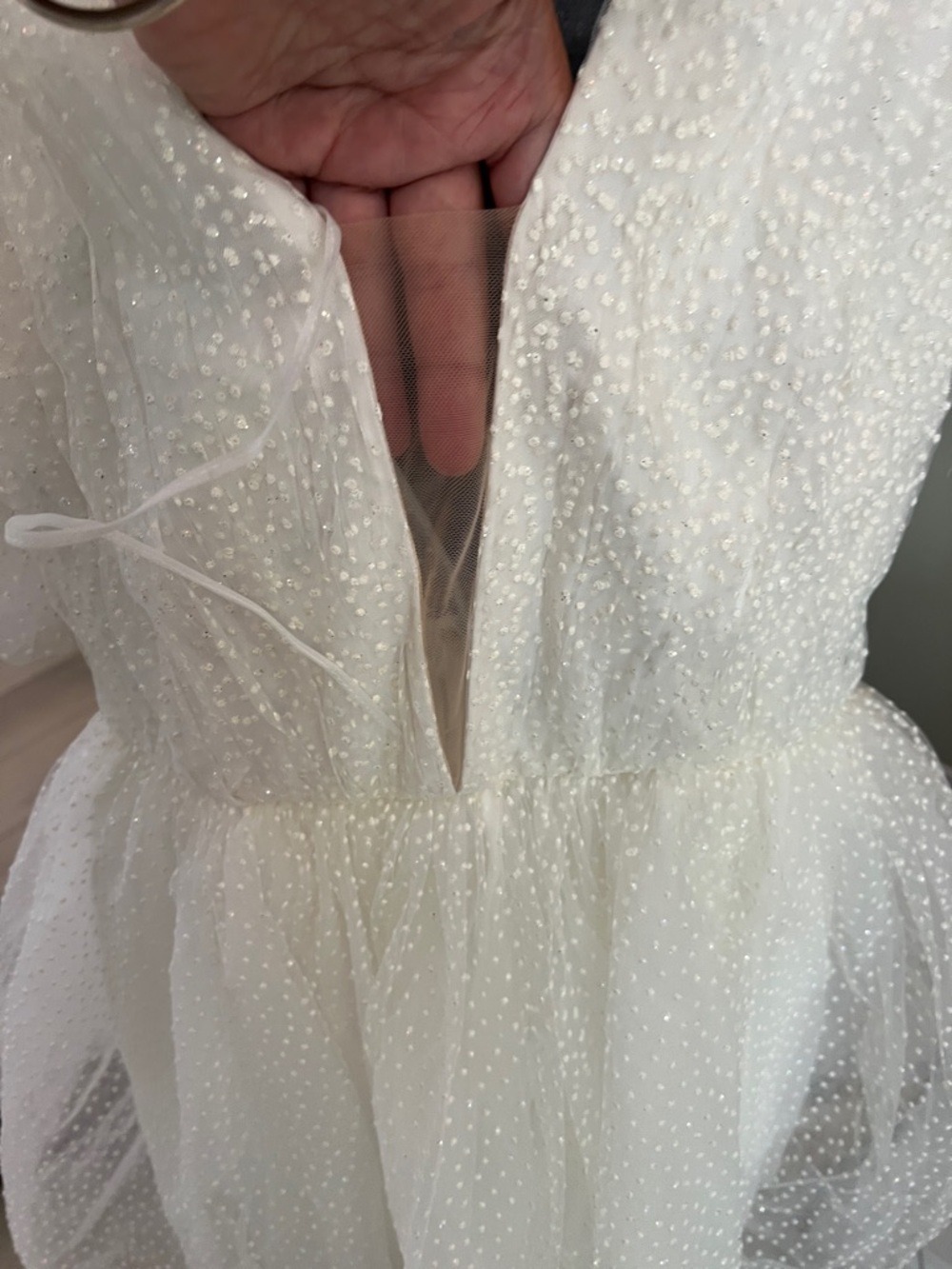 White Puff Sleeve Mini Dress with Swiss Dot Texture - Picture 2 of 8